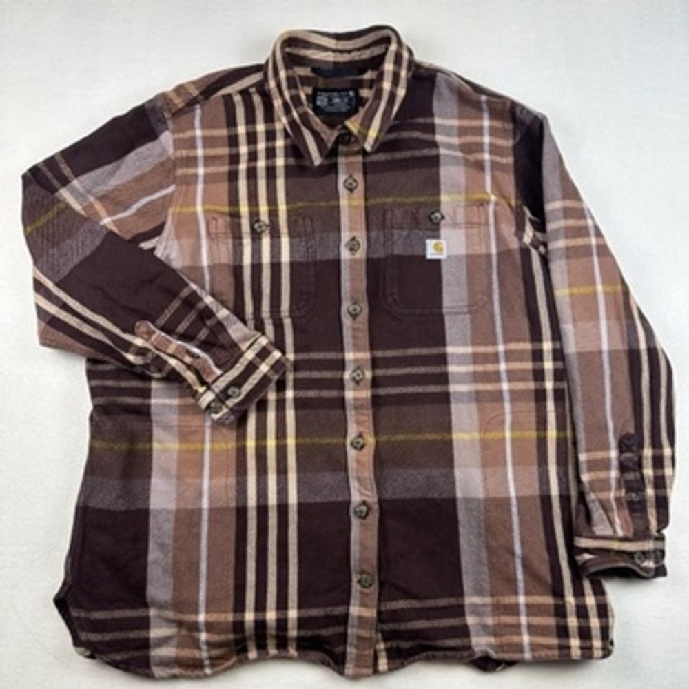 Carhartt Flannel Shirt Womens XXL Loose Fit Heavyweight Plaid Shacket Brown 2X